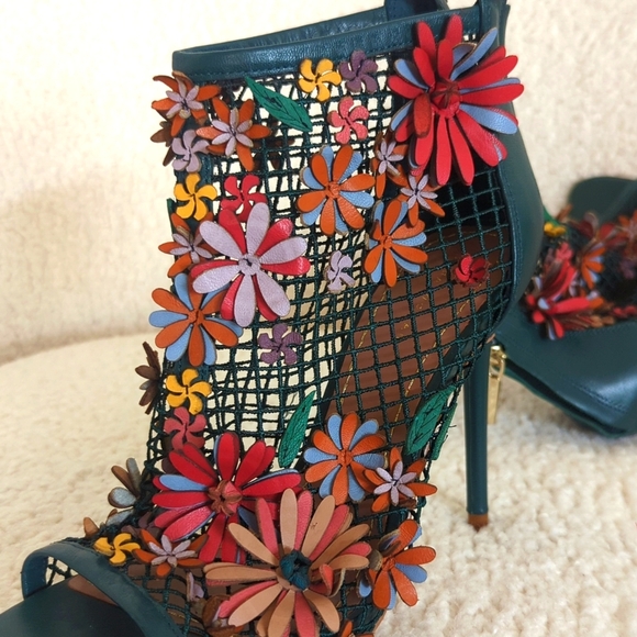 Zara Green Colorful Floral Mesh Heeled Bootie - Picture 4 of 11